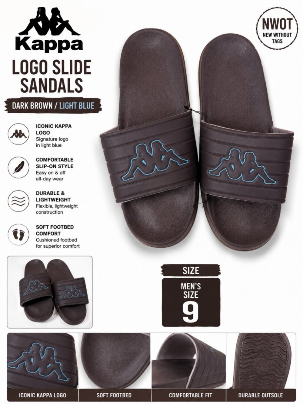 NWOT Kappa Logo Slide Sandals Dark Brown Size 9